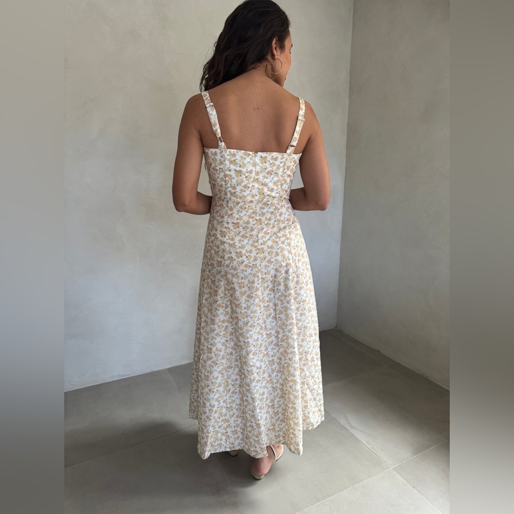 Moon River Cream Yellow Floral Print Lace Corset Midi Dress Small Brunch Girly - Picture 6 of 15